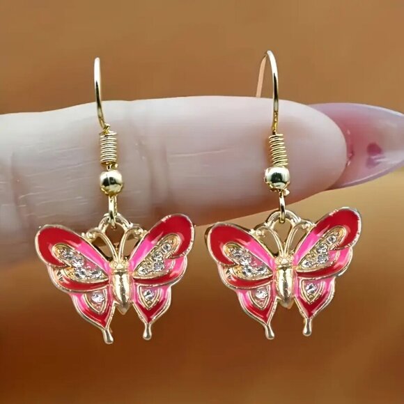 Fucsia Pink Butterfly Metallic Enamel Dangle Goldtoned Fashion Earrings set - Picture 1 of 2